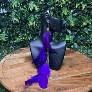 Earrings Women Gold Tone Purple‎ Feather Earrings Dangle Drop 10 Inches 2126